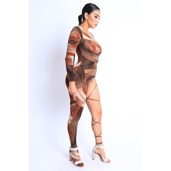 Women Paint Printed One Sleeve One Leg Tie Detailed Jumpsuit Sexy Jumpsuit - Picture 4 of 12